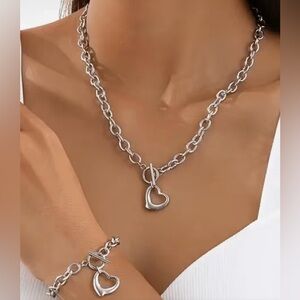 Silver Heart Chain Necklace And Matching Heart Chain Bracelet